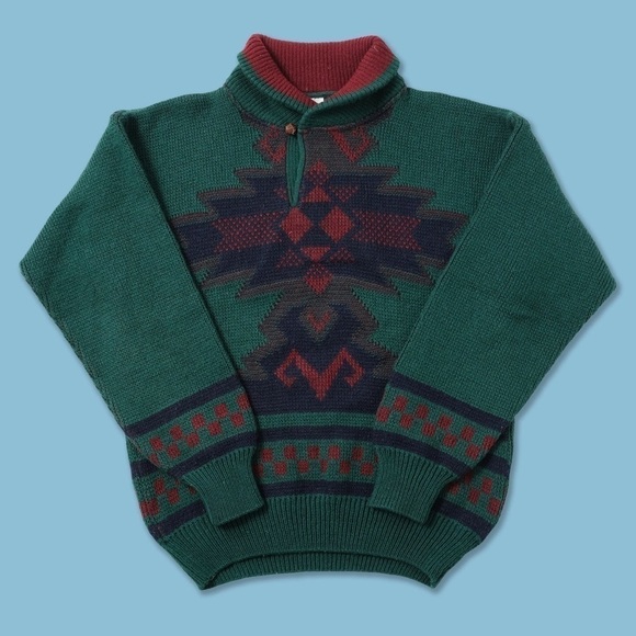 VINTAGE 90s Puma Aztec Print High Collar Green Sweater size XL - Picture 1 of 10